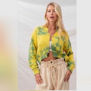 Tie Dye Safety Pin Cropped Knit Sweater Cardigan Whimsy Yellow Size Medium